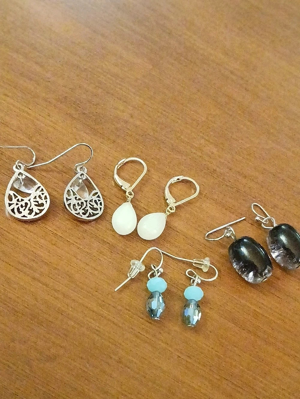 4 Pairs Dangle Style Earrings Set Silver & Milky White , Glassy Black Etc.
